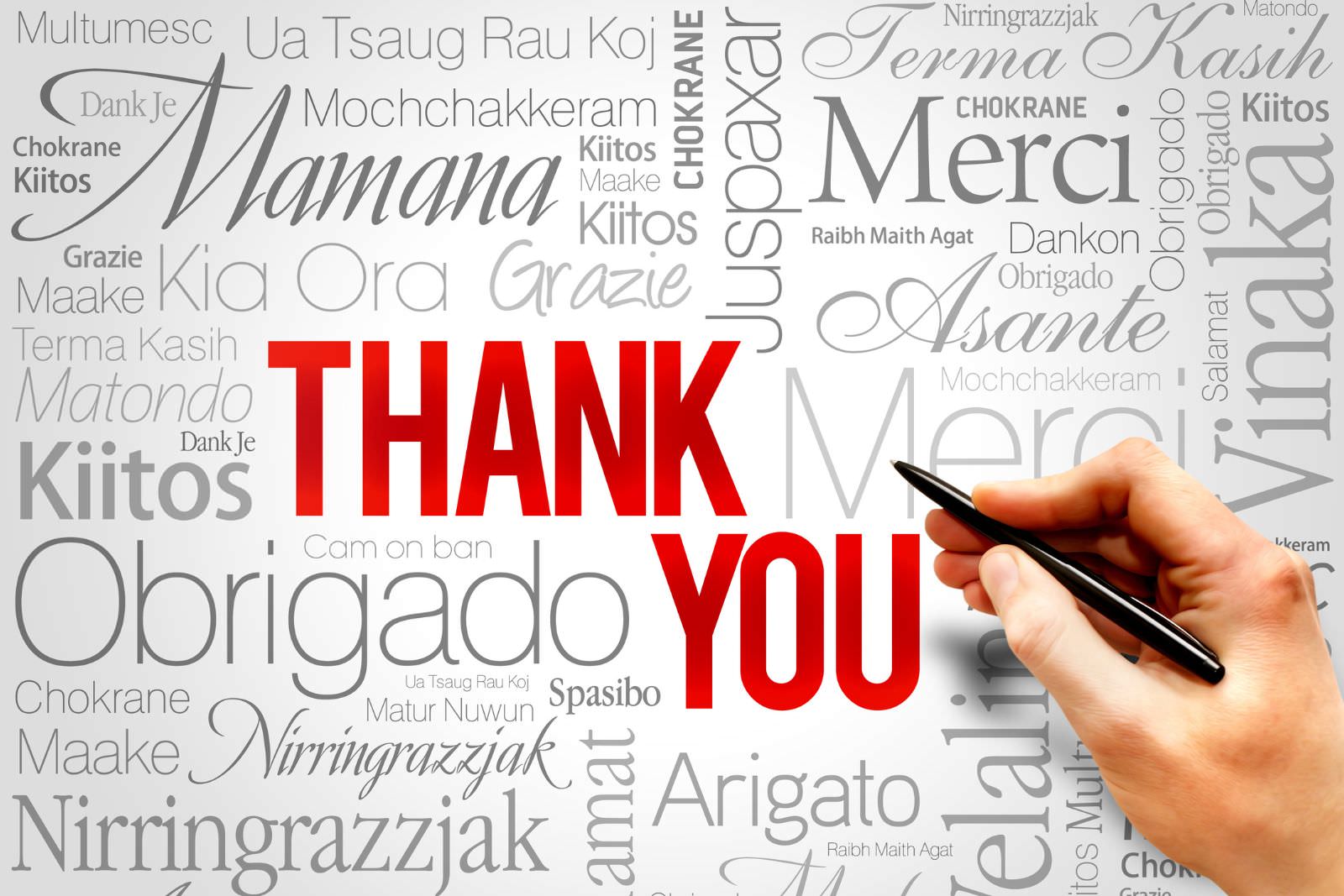 The word 'Thank you' written in various languages and fonts