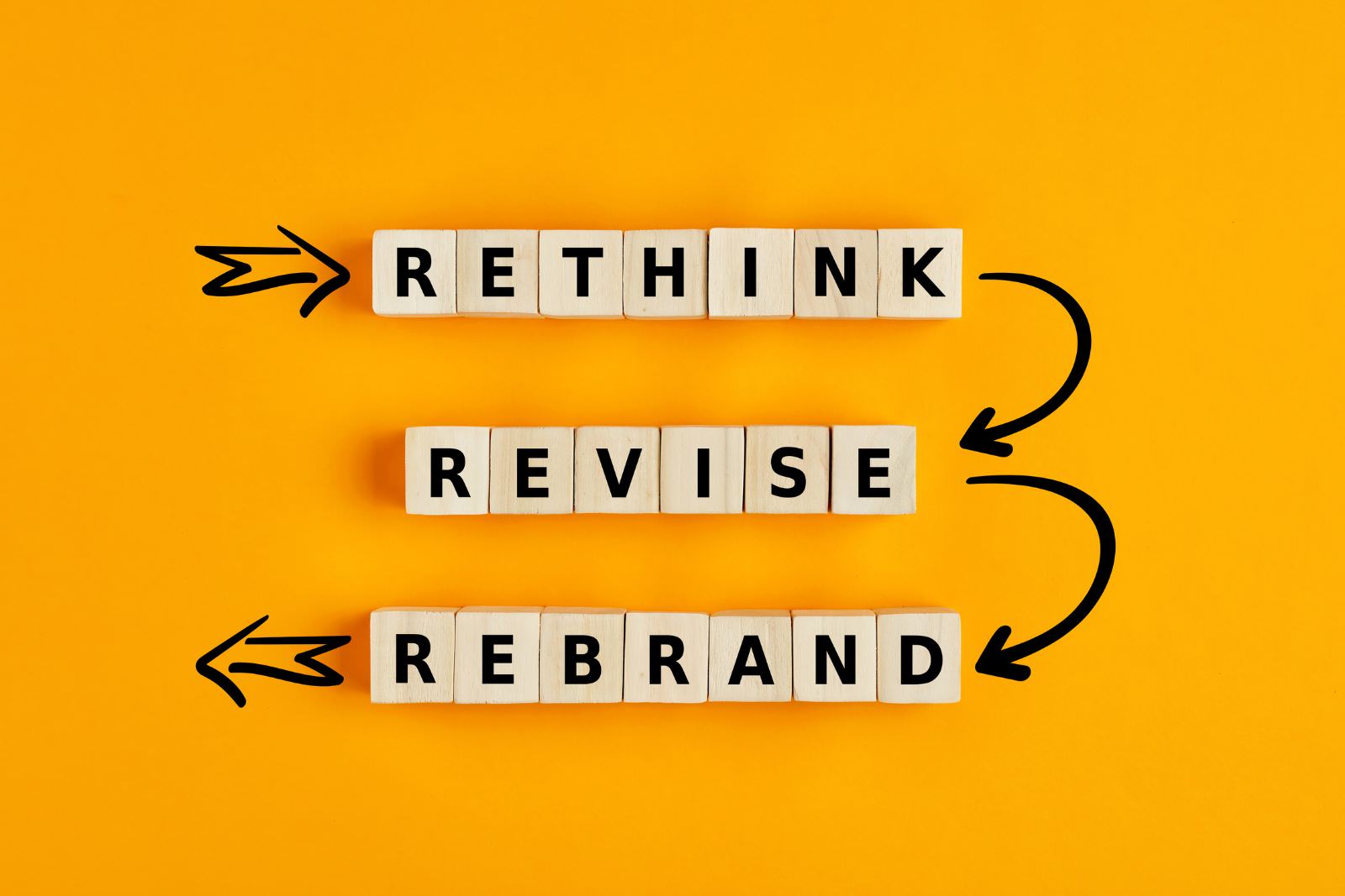 'rethink', 'revise', and 'rebrand' written on blocks