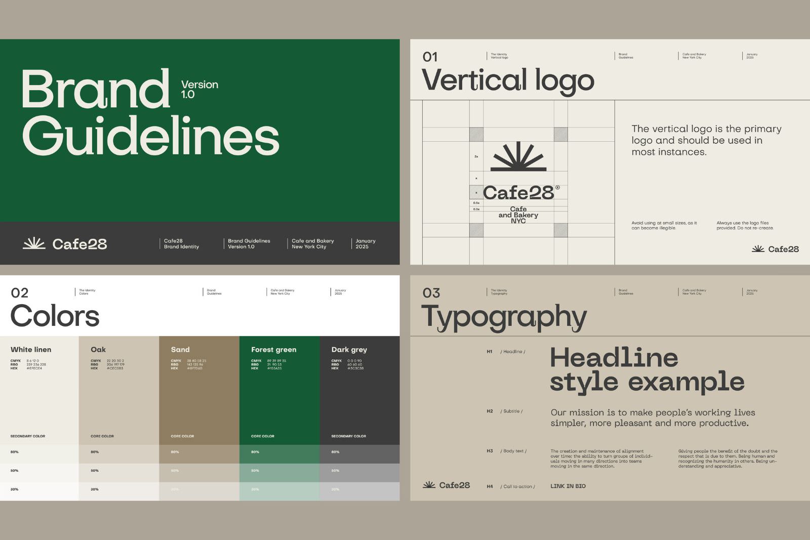 brand guidelines display showing colors and typography